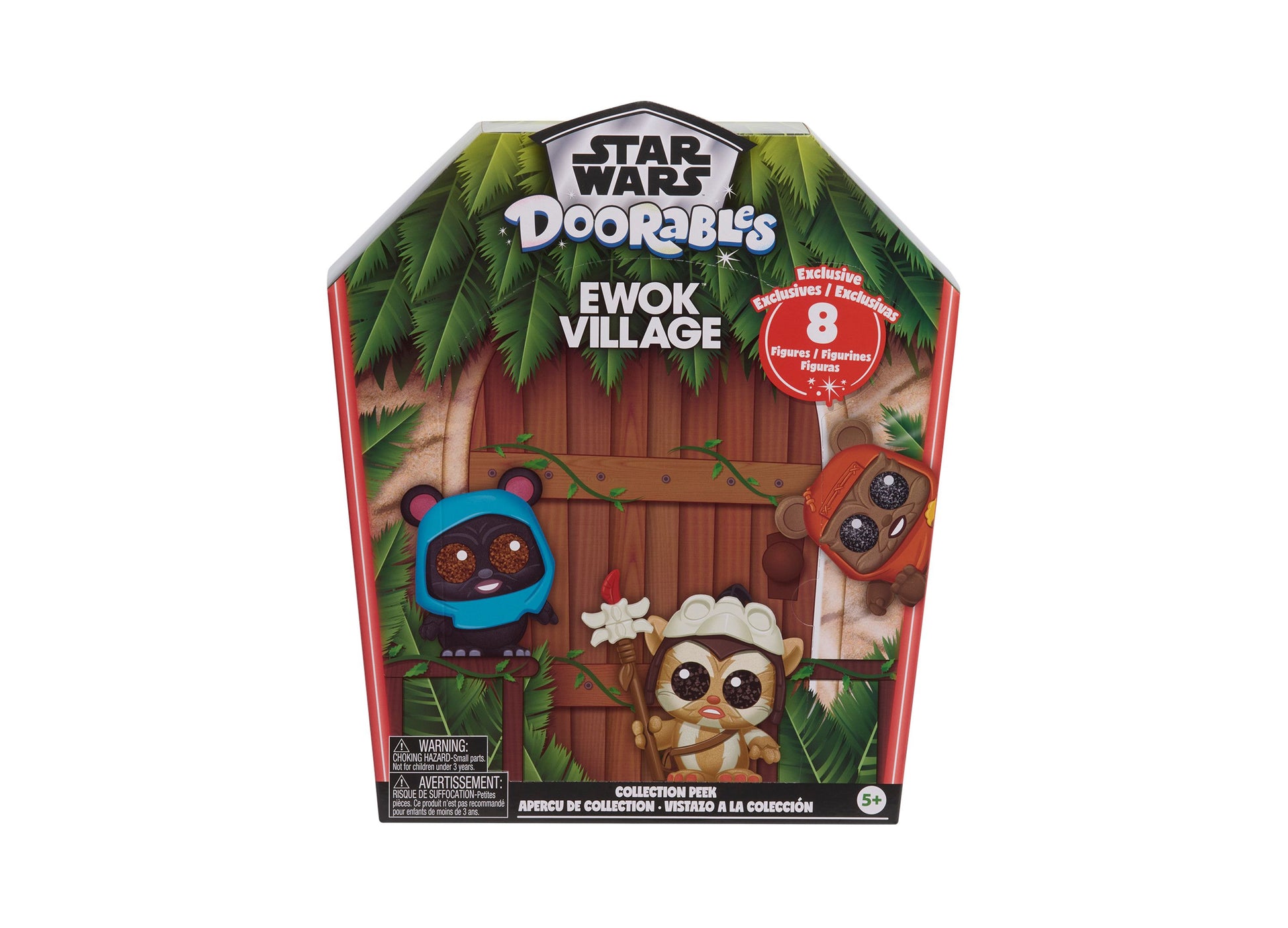 Star Wars Doorables Ewok Village playset with house-shaped packaging showing 8 collectible figures including blue and brown Ewoks on a forest background