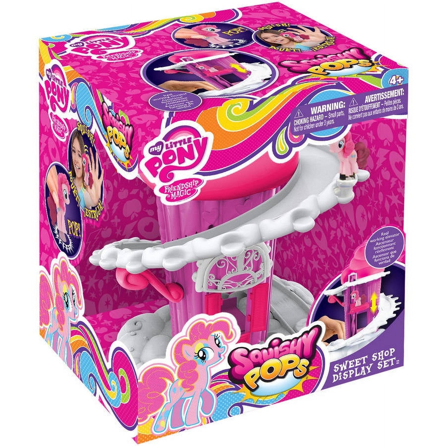 My Little Pony Squishy Pops Sweet Shop Display Set with pink playhouse, white cloud canopy, and pony figures on bright magenta packaging