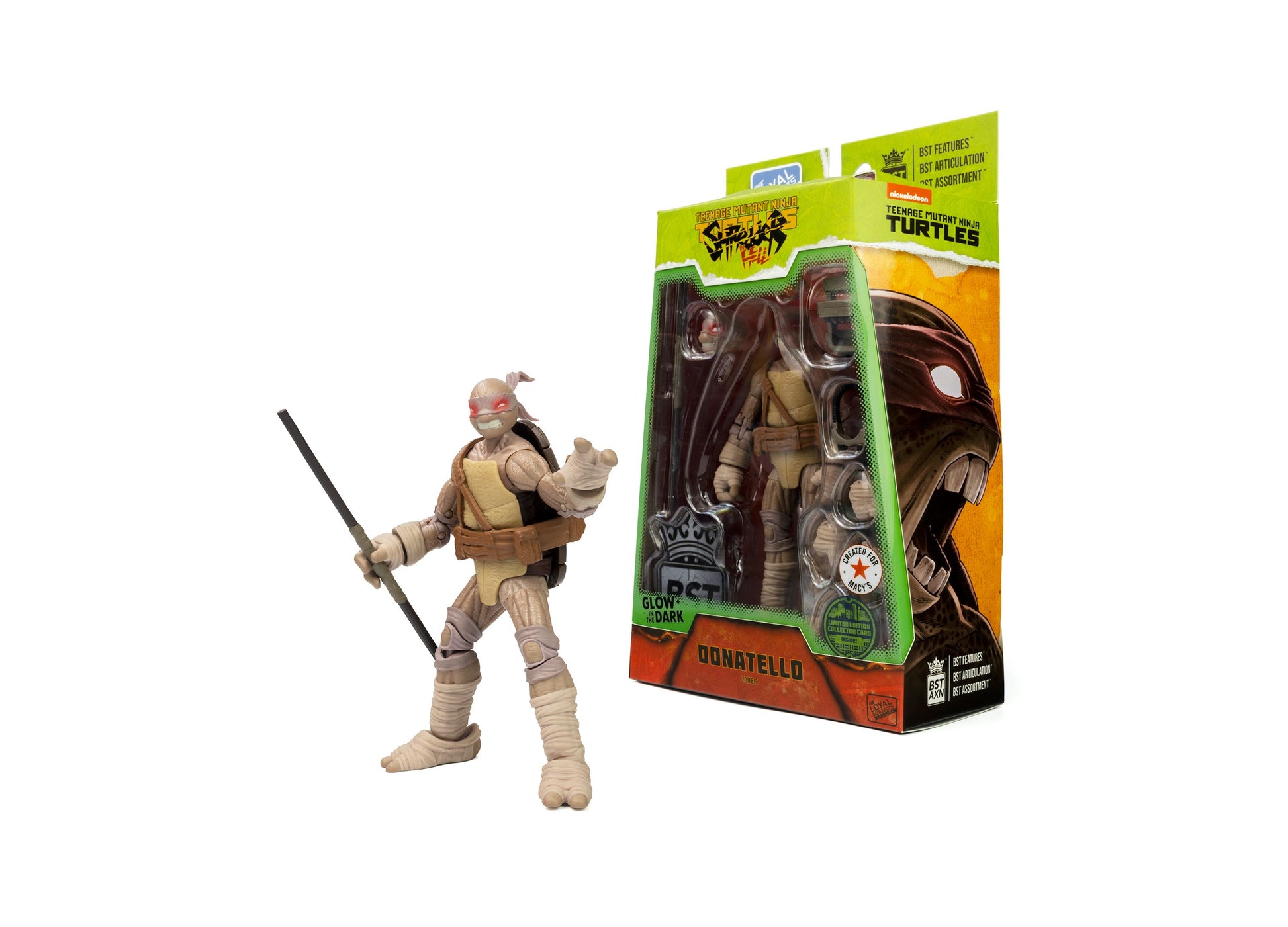Donatello action figure from Teenage Mutant Ninja Turtles in tan outfit with red mask, holding staff, displayed next to green and orange packaging labeled Donat