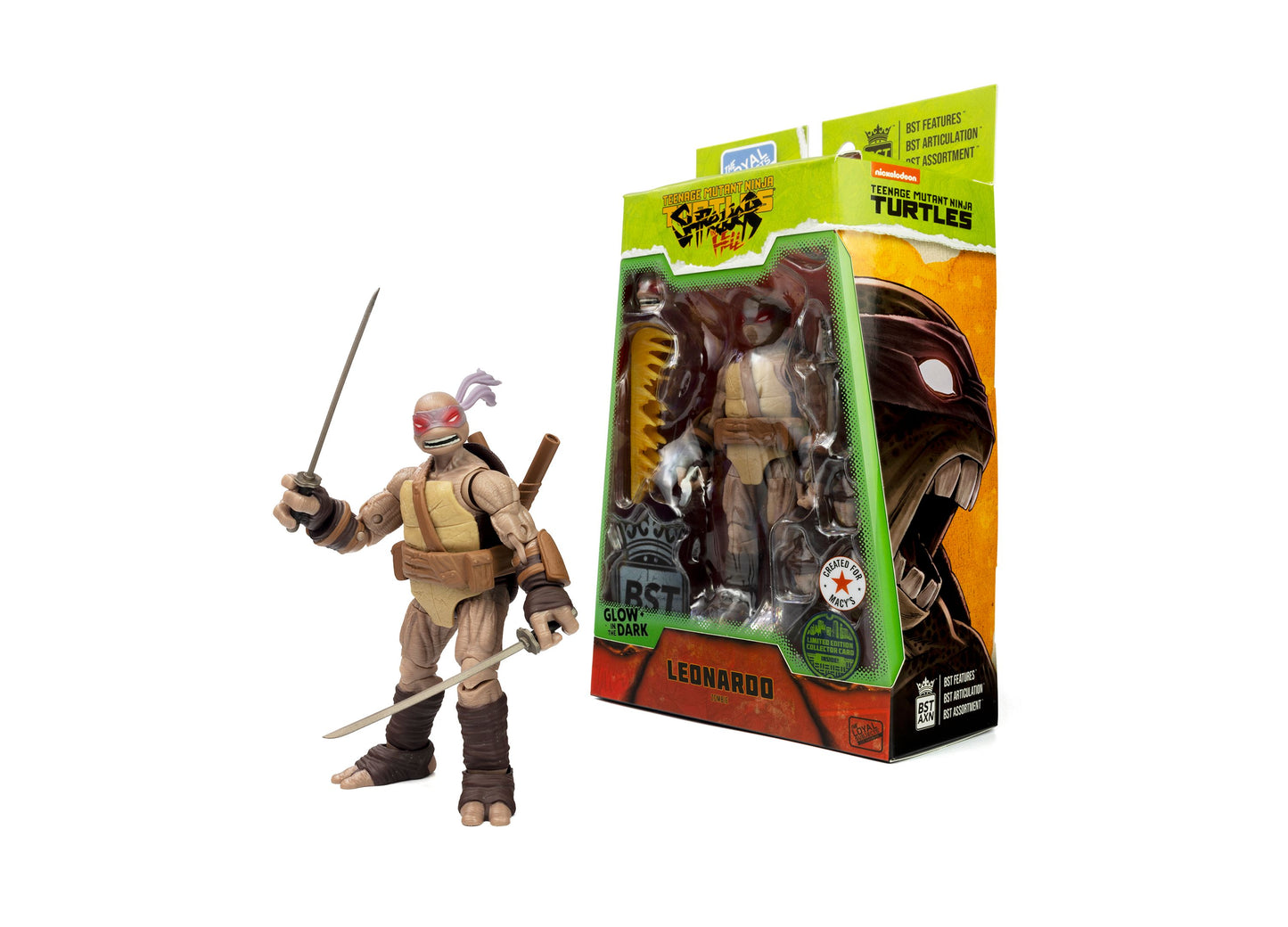 Leonardo action figure from Teenage Mutant Ninja Turtles displayed loose on left holding katana sword, and packaged in glow-in-the-dark special edition box on r