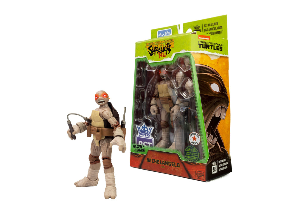 Teenage Mutant Ninja Turtles Michelangelo 5" action figure with orange mask, tan shell, and weapons shown loose next to its green packaging box labeled Michelan