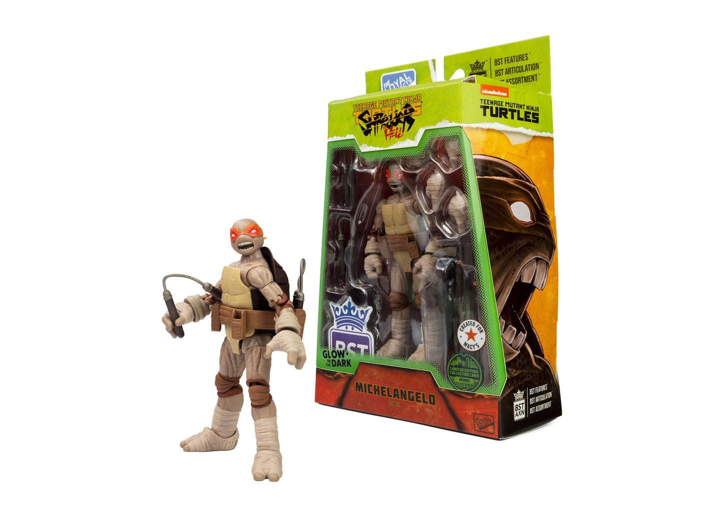 Teenage Mutant Ninja Turtles Michelangelo 5" action figure with orange mask, tan shell, and weapons shown loose next to its green packaging box labeled Michelan