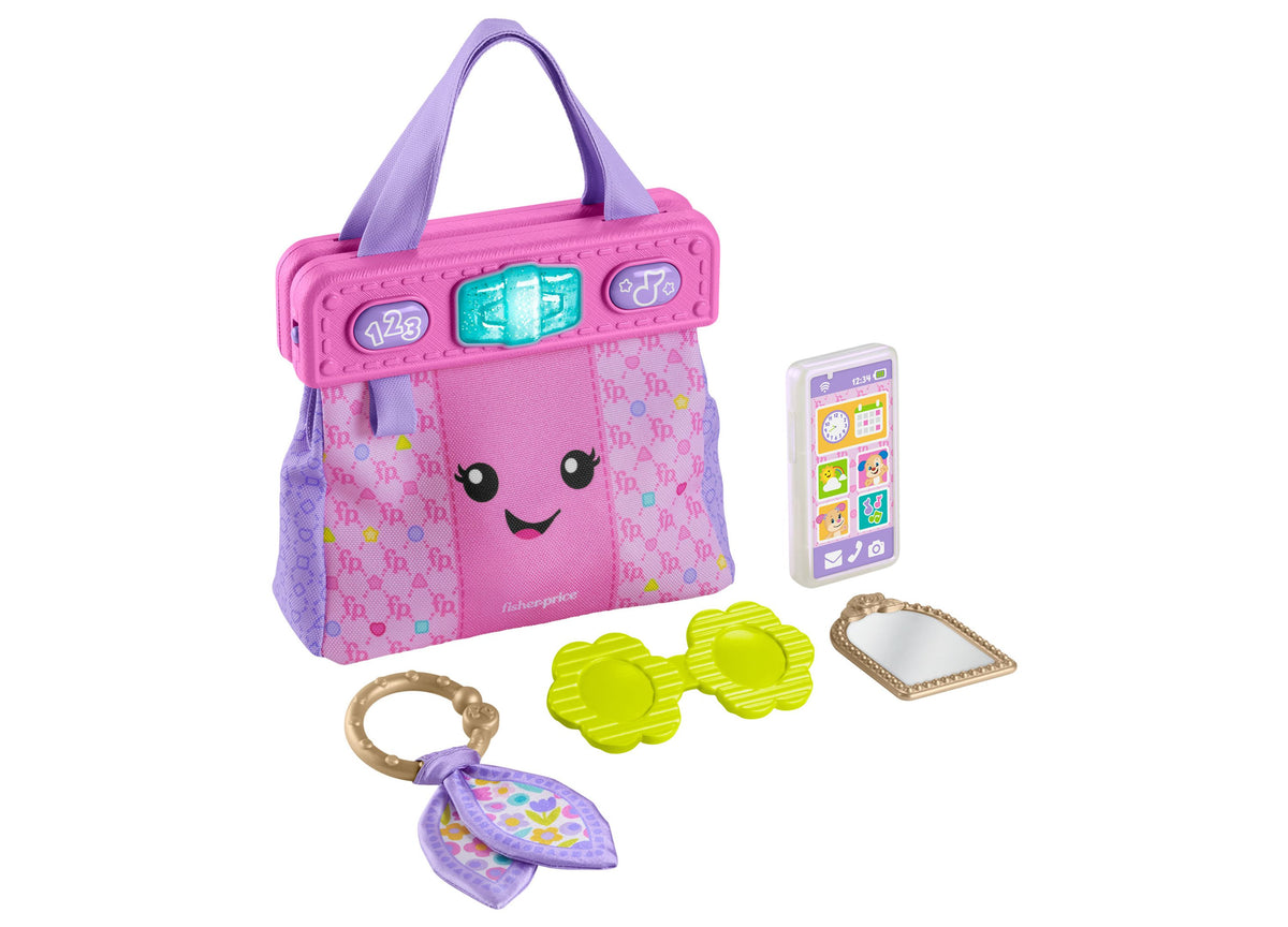 Fisher-Price Laugh & Learn On-the-Go Learning Purse in pink with purple handles, smiling face, interactive buttons, d...