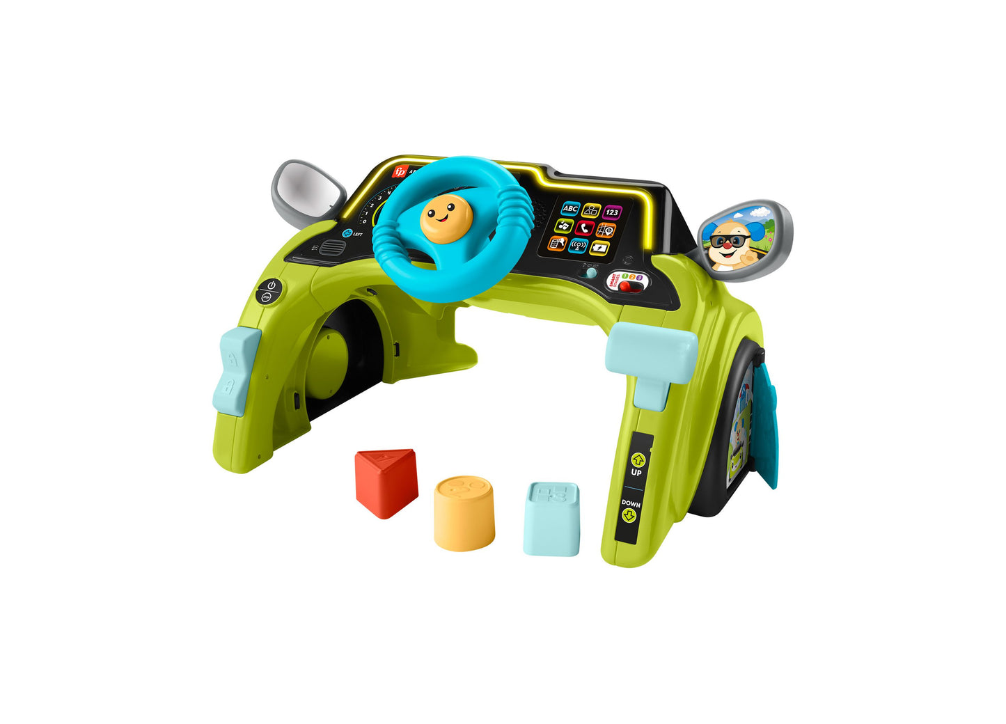Lime green activity center with blue steering wheel, dashboard with buttons and icons, side mirrors, and three shape sorter pieces in red, yellow, and light blu