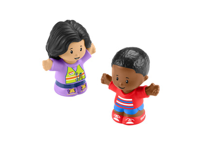Two colorful Little Pal figures in purple and red outfits standing together on white background