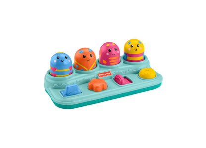 Fisher-Price Boppin' Activity Bugs toy with four colorful character bugs on a turquoise base with pop-up buttons and interactive features