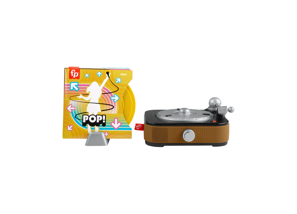 Fisher-Price Rockin' Record Player Musical Toy with yellow packaging and brown record player featuring turntable and ...