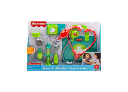 Fisher-Price Doctor Role Play Medical Kit with green and red stethoscope, blood pressure cuff, thermometer, and syrin...