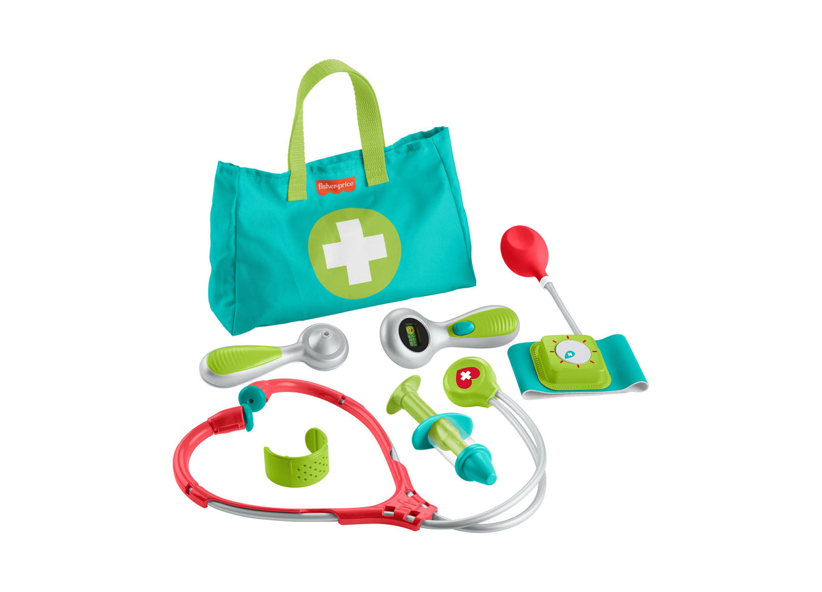 Fisher-Price Doctor Role Play Medical Kit with turquoise carrying bag, stethoscope, thermometer, syringe, and accesso...