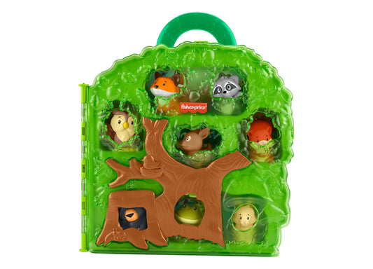 Fisher-Price Forest Buddies tree-shaped carry case with green exterior, brown tree trunk, and eight animal figurines including fox, raccoon, owl, monkey, frog,