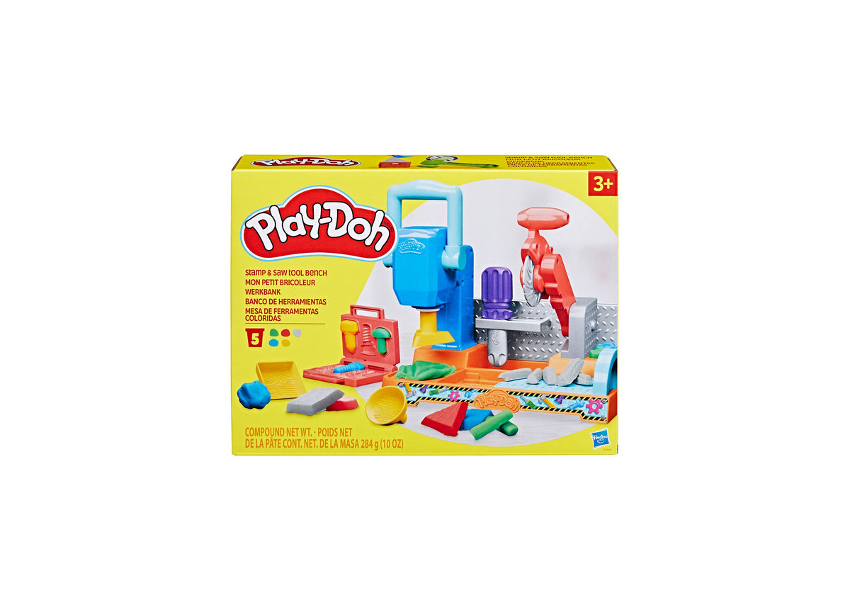 Play-Doh Stamp N Saw Tool Bench Creativity Set with blue workbench, red saw tool, purple stamper, and colorful Play-D...