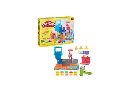 Play-Doh Stamp N Saw Tool Bench set with blue saw tool, red stamper, toolbox, and five colorful Play-Doh cans