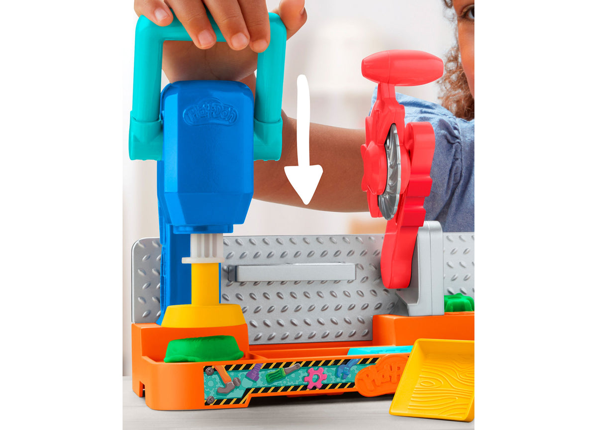 Play-Doh Stamp N Saw Tool Bench Creativity Set with blue saw tool, red stamper, and colorful Play-Doh