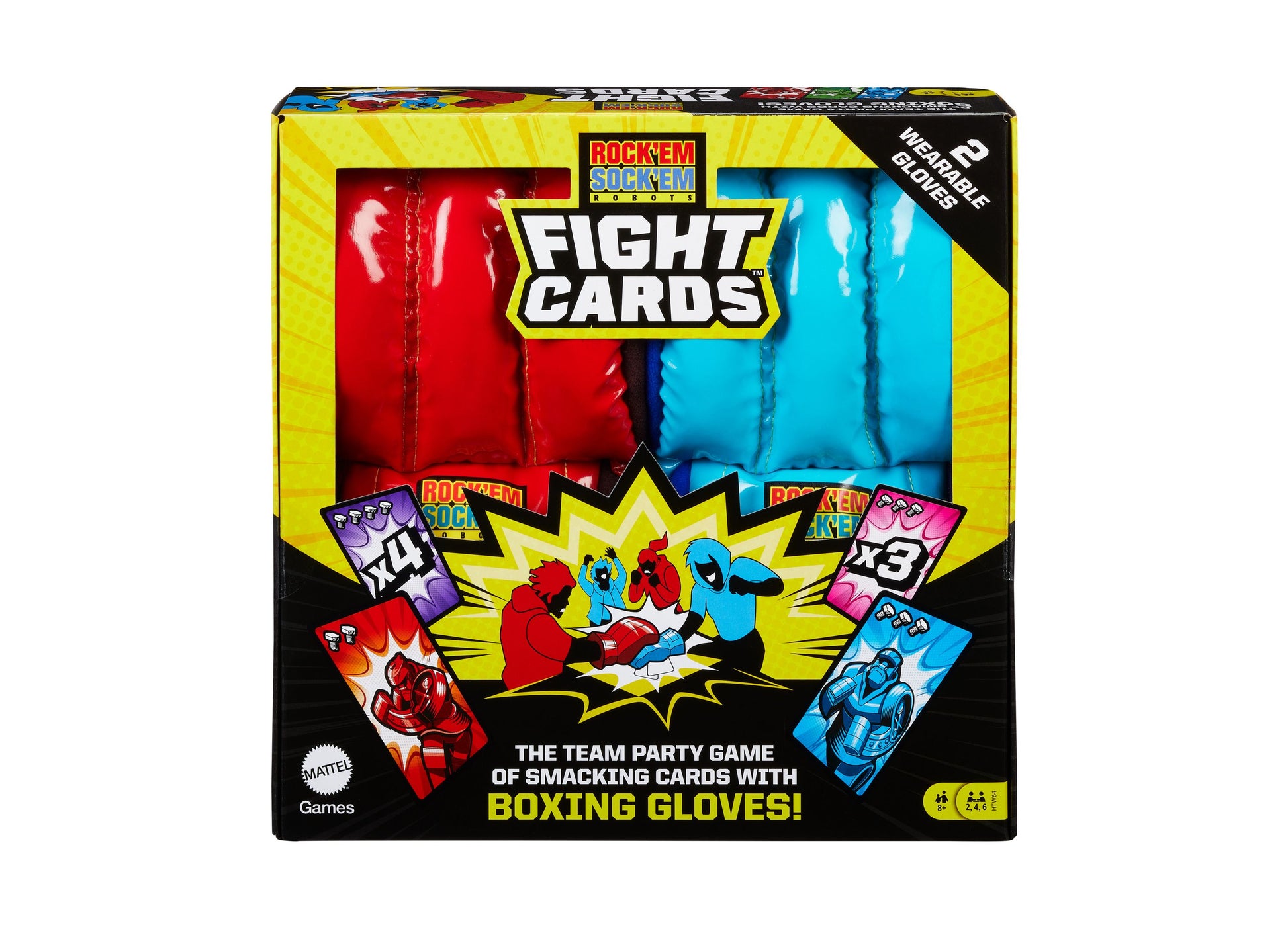 Rock 'Em Sock 'Em Robots Fight Cards game box with two pairs of red and blue boxing gloves and illustrated fight cards