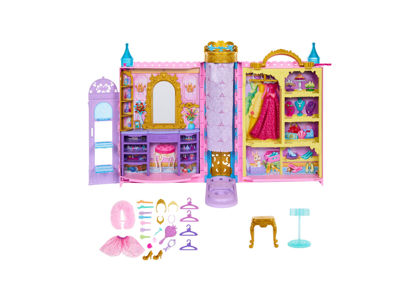 Disney Princess Ready for the Ball Closet playset with pink and purple castle structure, gold accents, multiple storage shelves with dresses and accessories, pl