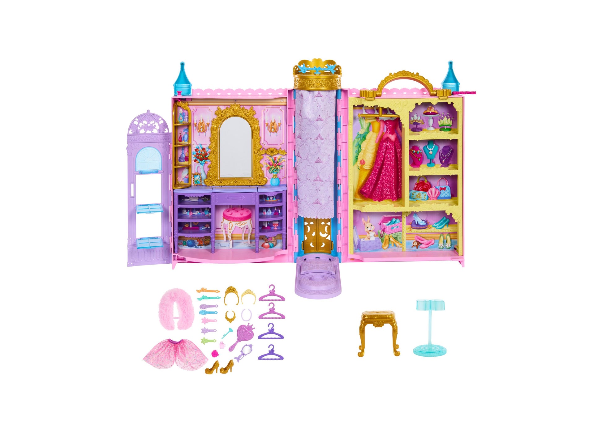 Disney Princess Ready for the Ball Closet playset with pink and purple castle structure, gold accents, multiple storage shelves with dresses and accessories, pl