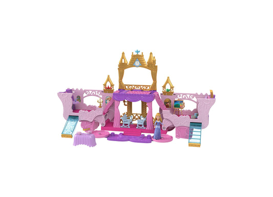 Disney Princess Carriage to Castle Playset with pink and purple castle structure, gold towers, small Aurora doll figure, and accessories on plain background