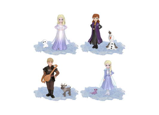 Four Disney Frozen character figures with companion characters on blue cloud bases: Elsa in lavender gown with Nokk, Anna in purple cape with Olaf, Kristoff wit