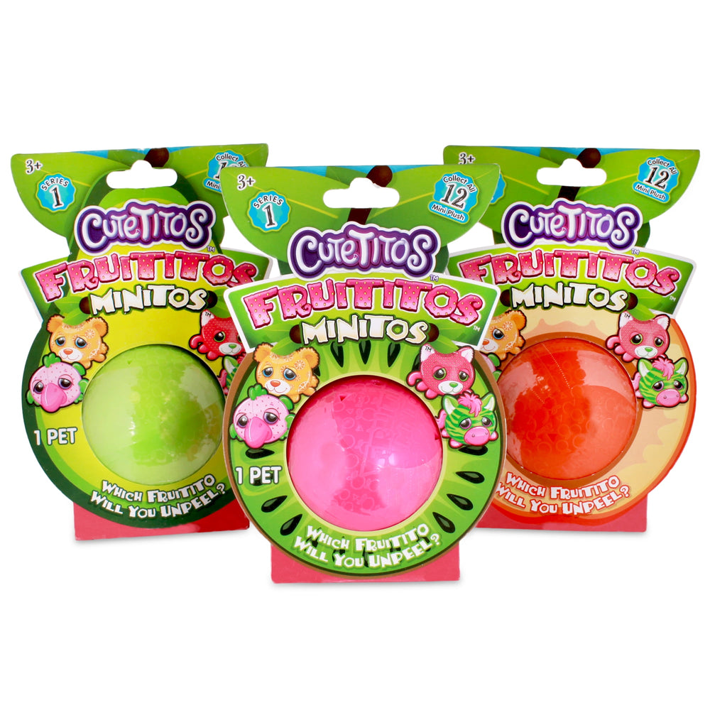 Three Cutetitos Fruitito Minitos collectible plush toys in sealed packages showing green, pink, and red sphere designs with character illustrations on packaging
