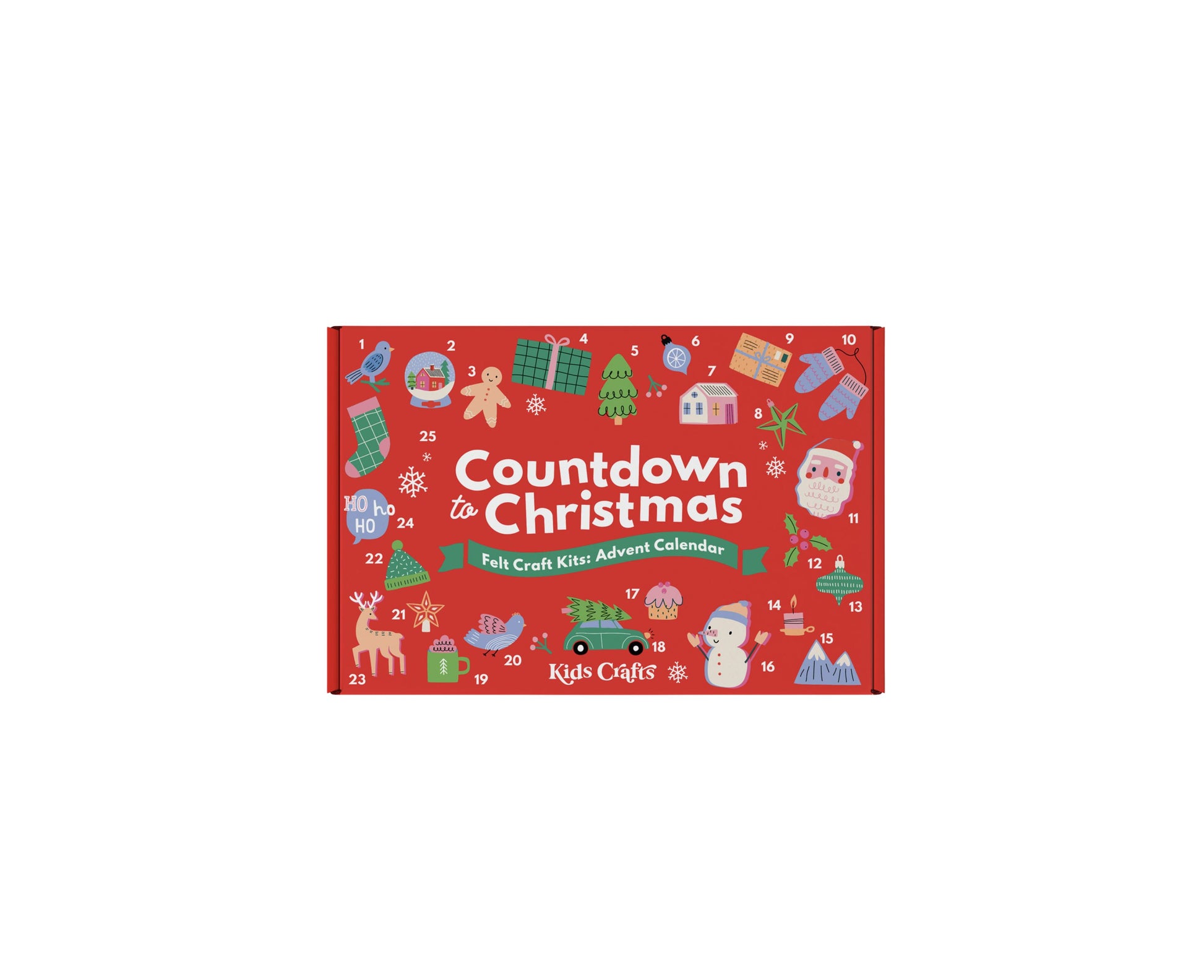 Countdown to Christmas Felt Craft Kits Advent Calendar with numbered 1-25 compartments featuring holiday ornaments, decorations, and craft supplies on red backg