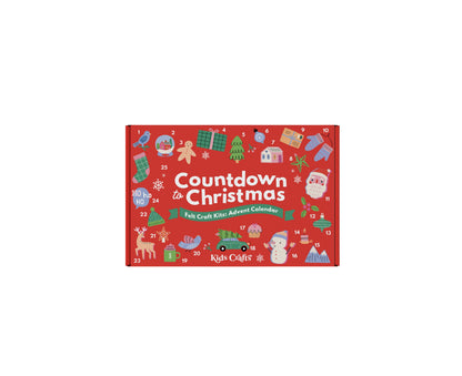 Countdown to Christmas Felt Craft Kits Advent Calendar with numbered 1-25 compartments featuring holiday ornaments, decorations, and craft supplies on red backg