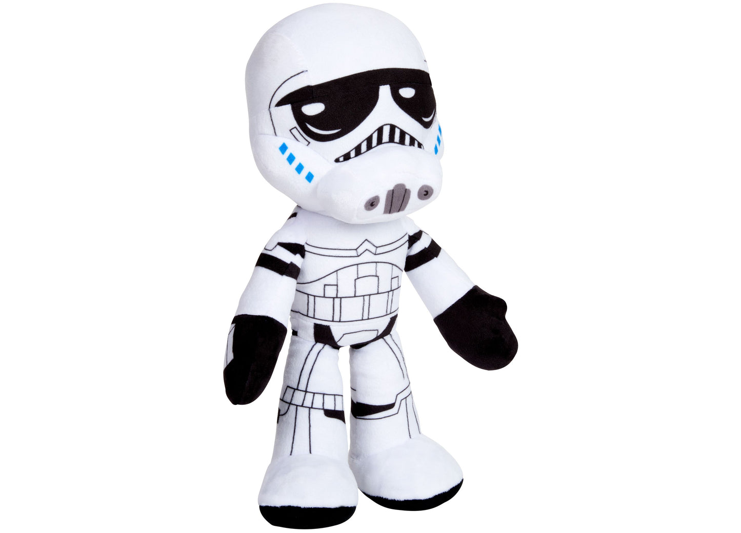 White and black plush Stormtrooper figure with embroidered facial features and armor details