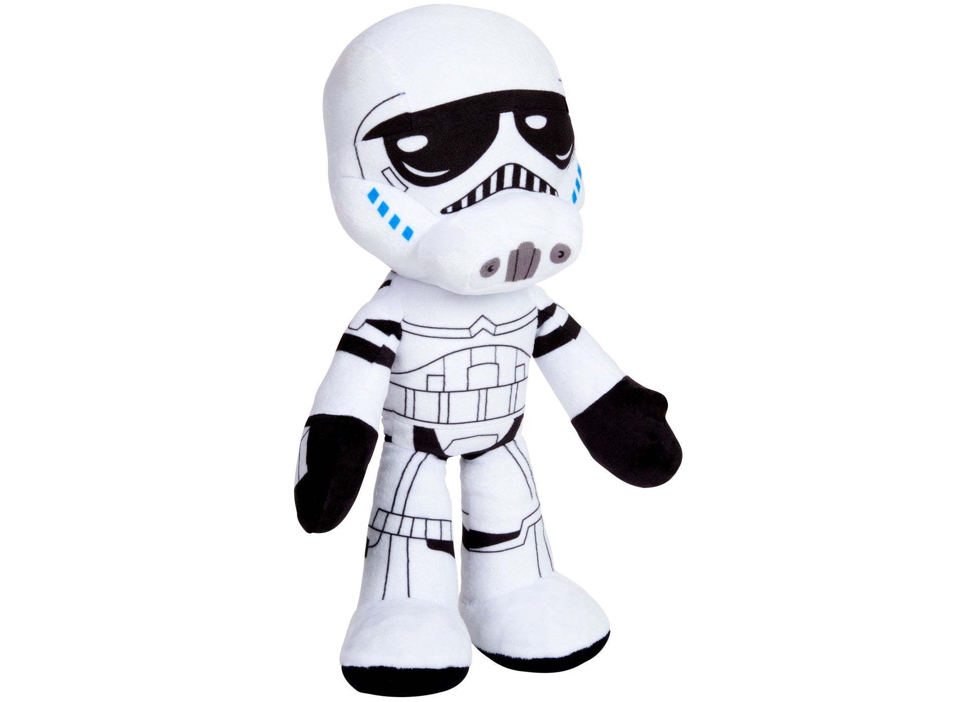White and black plush Stormtrooper figure with embroidered facial features and armor details