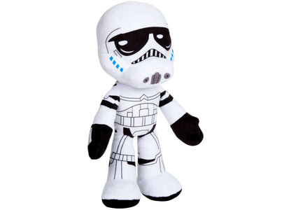 White and black plush Stormtrooper figure with embroidered facial features and armor details
