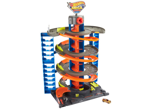 Hot Wheels City Mega 4-Level Garage Playset with multiple spiral ramps, gray and orange platforms, blue support structure, and included die-cast car