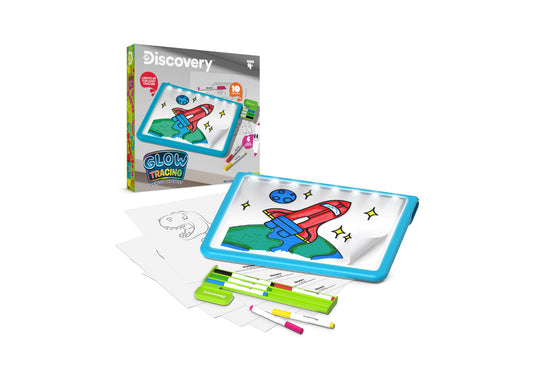 Discovery Kids Glow Tracing Light-Up Art Tablet with blue frame, including glow markers, blank paper, and tracing sheets featuring a rocket ship design