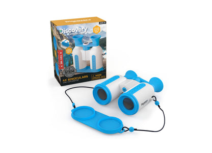 Discovery #MINDBLOWN 4x Binoculars Early Explorers Set with blue and white binoculars and blue carrying case, shown with packaging box