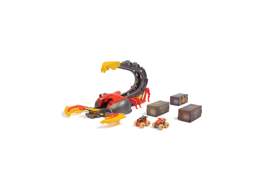 Monster Jam Mini Scorpion Playset with red El Toro Loco and Max-D trucks, yellow claw accessory, cargo containers, and red action figure on plain background