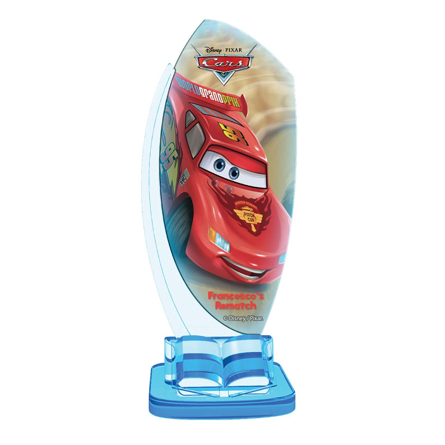 Disney Pixar Cars interactive toy featuring red Lightning McQueen character on tall blue base with press-and-play functionality