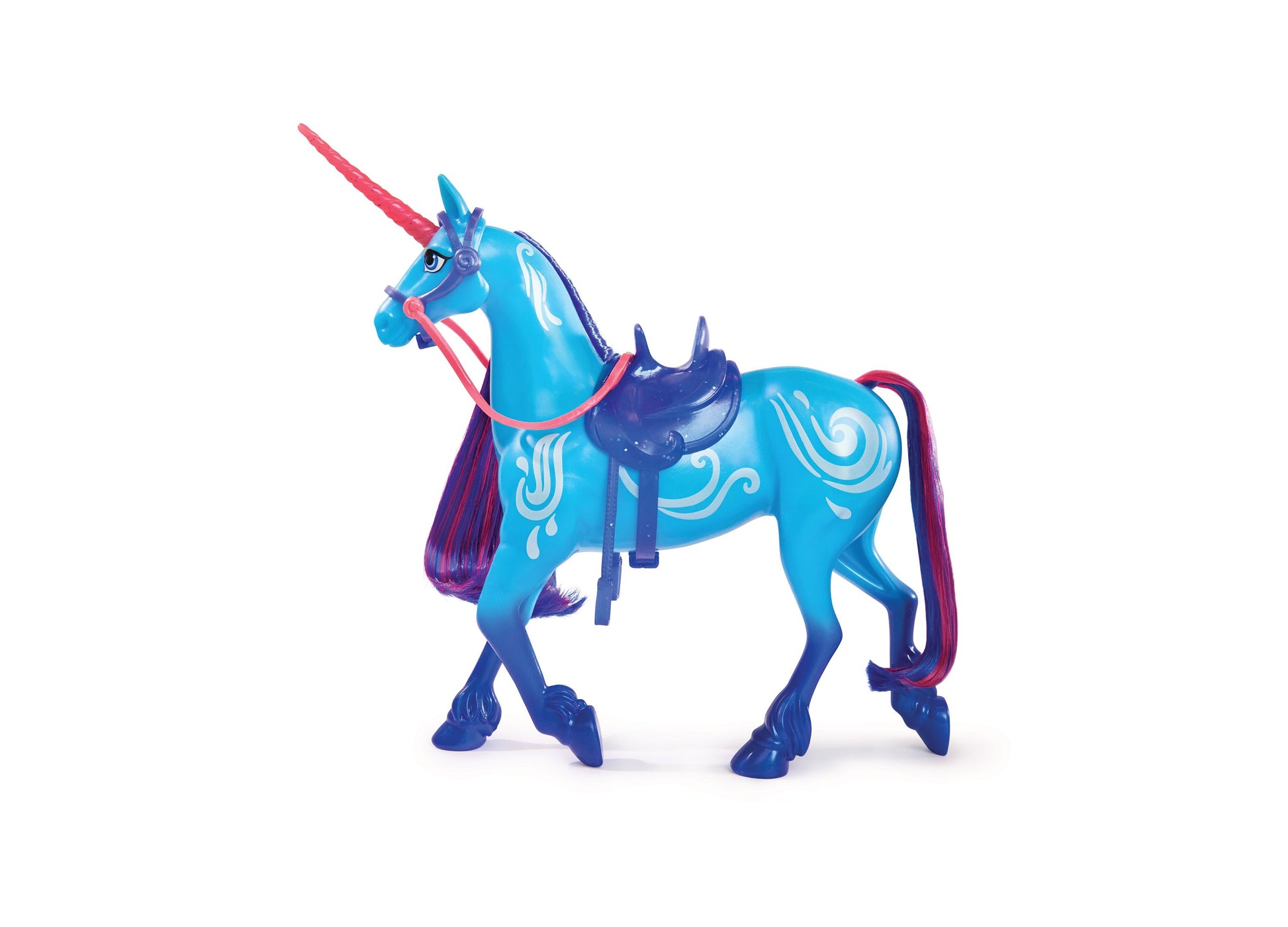 Blue unicorn toy with pink horn, purple mane and tail, white decorative saddle details, and dark blue hooves, with small riding accessories