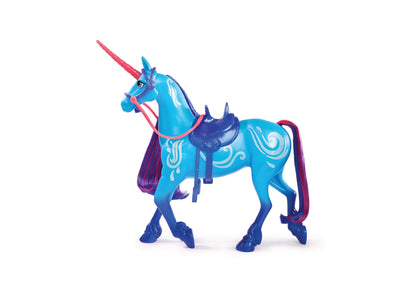 Blue unicorn toy with pink horn, purple mane and tail, white decorative saddle details, and dark blue hooves, with small riding accessories