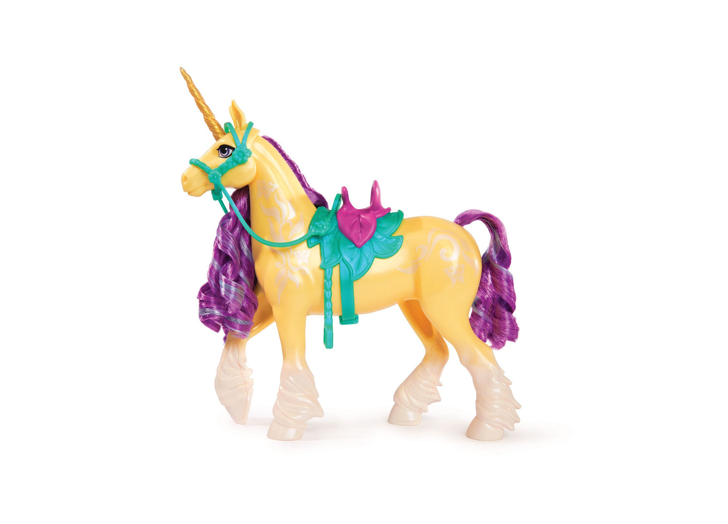 Yellow unicorn with purple mane and tail, teal horns, and decorative saddle with pink and teal accents, cream-colored hooves