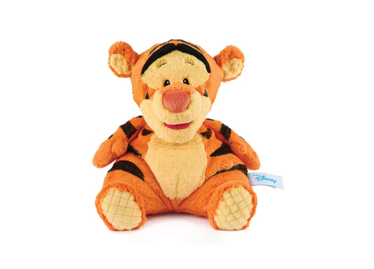 Orange and cream plush Tigger character with black stripes, pink nose, orange ears, and cream-colored paw pads, seated against white background