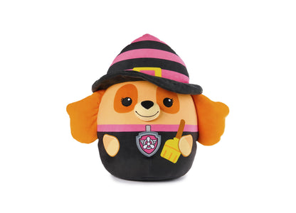 Paw Patrol Witch Skye plush toy with orange and cream face, striped pink and black witch hat, black outfit with pink belt and badge, holding yellow wand
