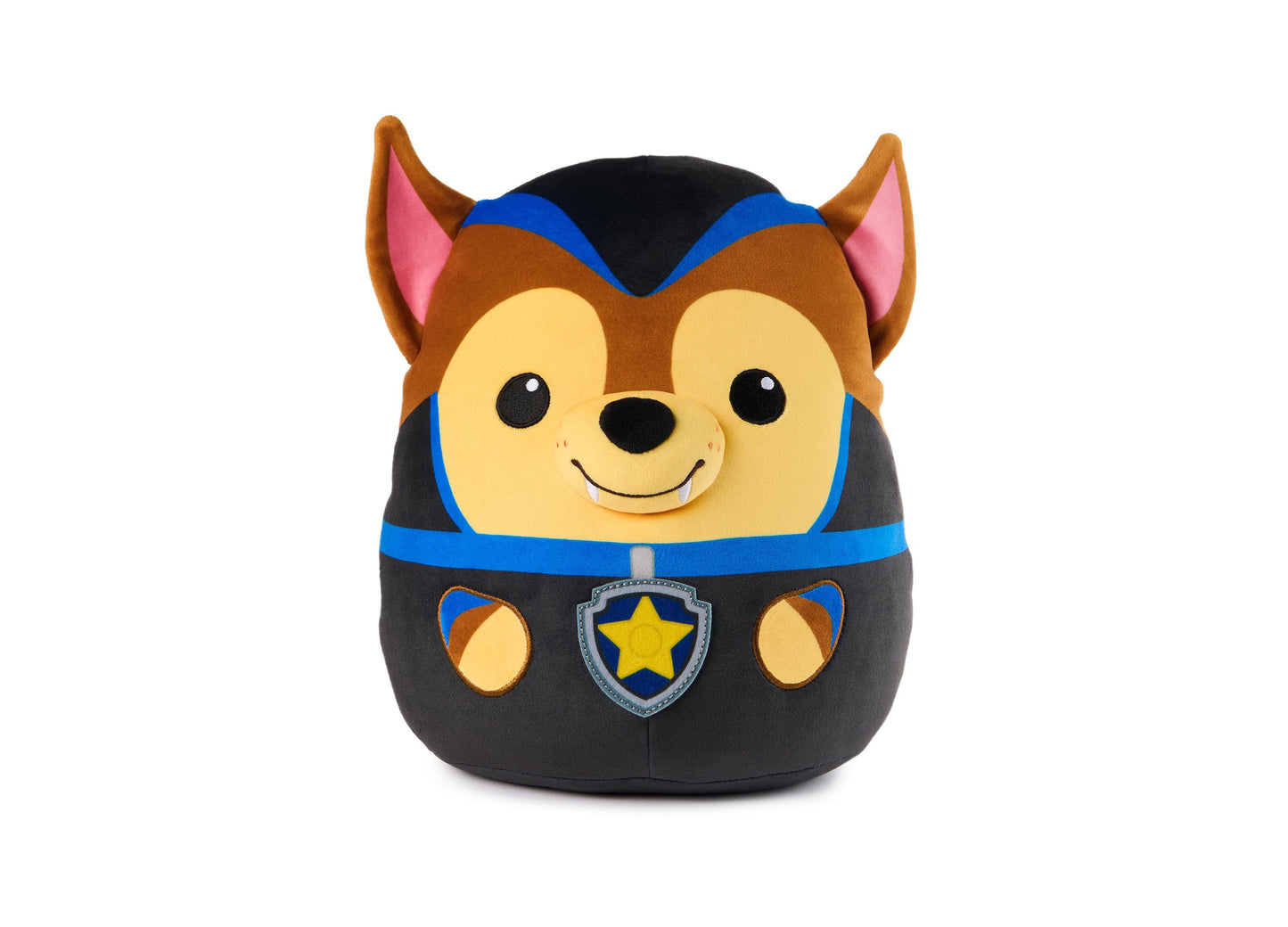Paw Patrol Vampire Chase Squishy Plush Toy, brown and black character with pointed ears, yellow face, blue stripe details, and star badge