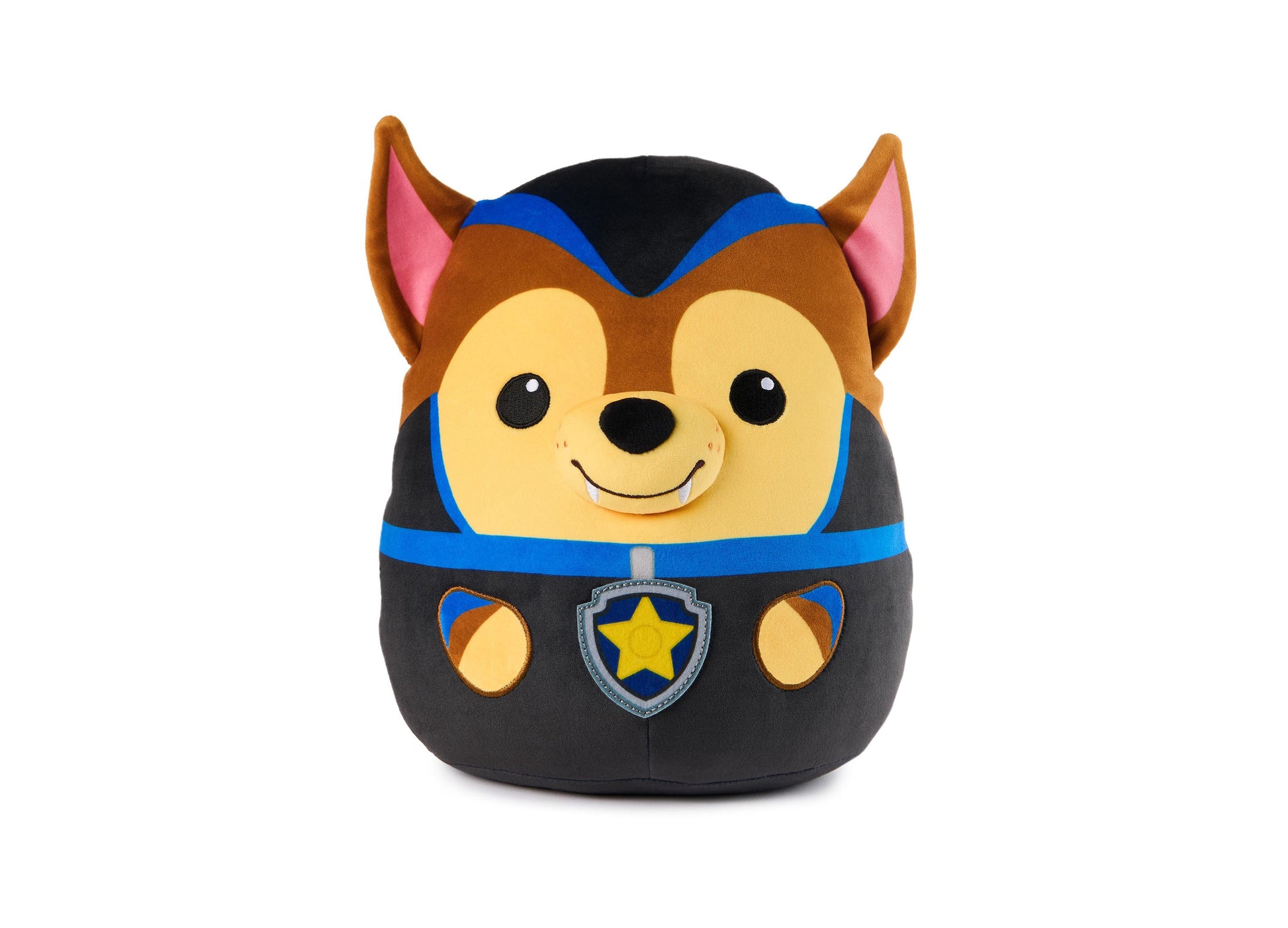 Paw Patrol Vampire Chase Squishy Plush Toy, brown and black character with pointed ears, yellow face, blue stripe details, and star badge