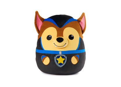 Paw Patrol Vampire Chase Squishy Plush Toy, brown and black character with pointed ears, yellow face, blue stripe details, and star badge