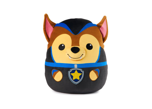 Paw Patrol Vampire Chase Squishy Plush Toy, brown and black character with pointed ears, yellow face, blue stripe details, and star badge