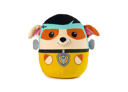 Paw Patrol Franken Rubble Squish plush with cream and orange dog face, turquoise headband, gray ears, yellow body with wrench emblem on chest
