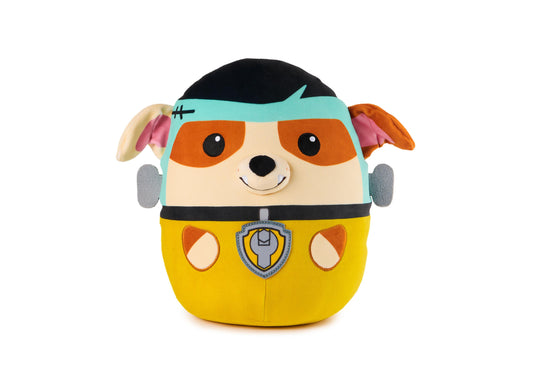 Paw Patrol Franken Rubble Squish plush with cream and orange dog face, turquoise headband, gray ears, yellow body with wrench emblem on chest