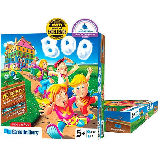 Boo board game box featuring colorful cartoon children playing in a yard with a colorful house, clouds, and "800" displayed, awards seal visible, age 5+