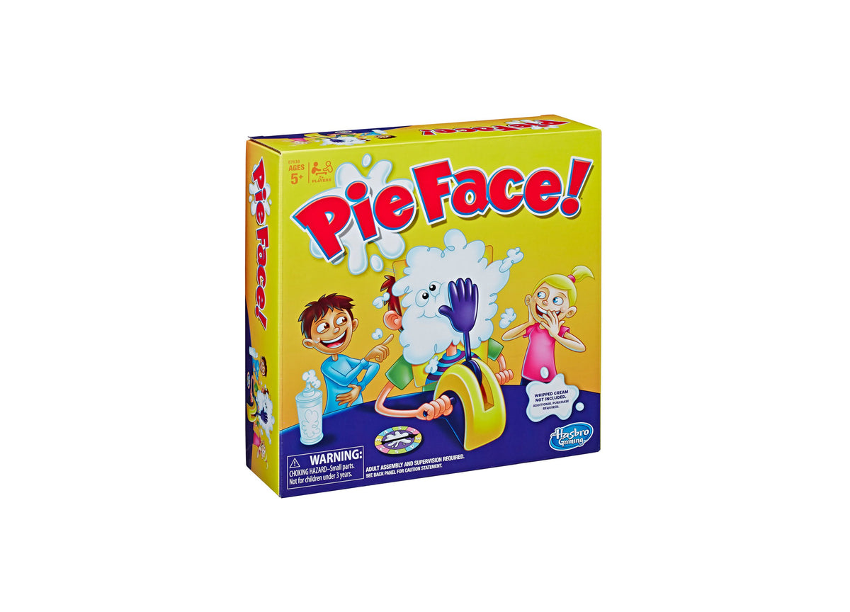 Hasbro Gaming Pie Face Showdown Game box with yellow packaging, red title text, and illustrated children characters