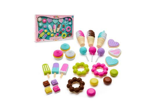 Sweet Treats Ultimate Dessert Playset with 26 pieces including ice cream cones, cookies, macarons, lollipops, popsicles, and donuts in pink, turquoise, purple,