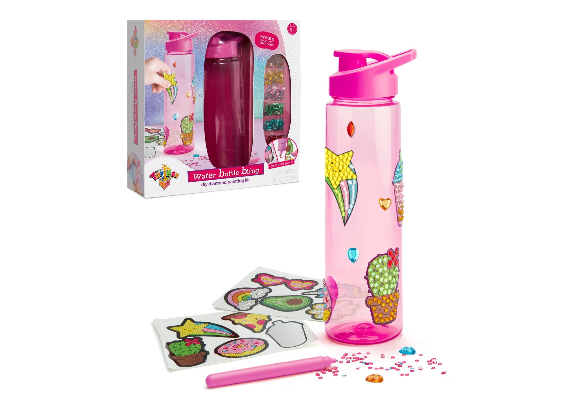 Water Bottle Bling DIY diamond painting kit with pink water bottle decorated with cactus and floral designs, diamond stickers, application pen, and instruction