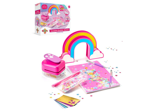 Rainbow Confetti Station DIY sparkle maker kit with pink rainbow arch, star-shaped confetti punch, storage containers, and colorful paper sheets