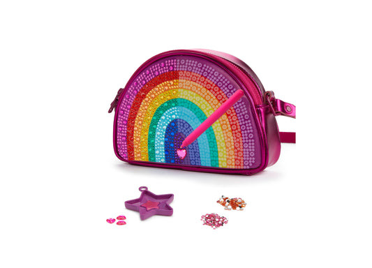 Magenta purse with rainbow sequin design and included stylus, star-shaped charm, and colorful gemstone embellishments for diamond painting craft kit